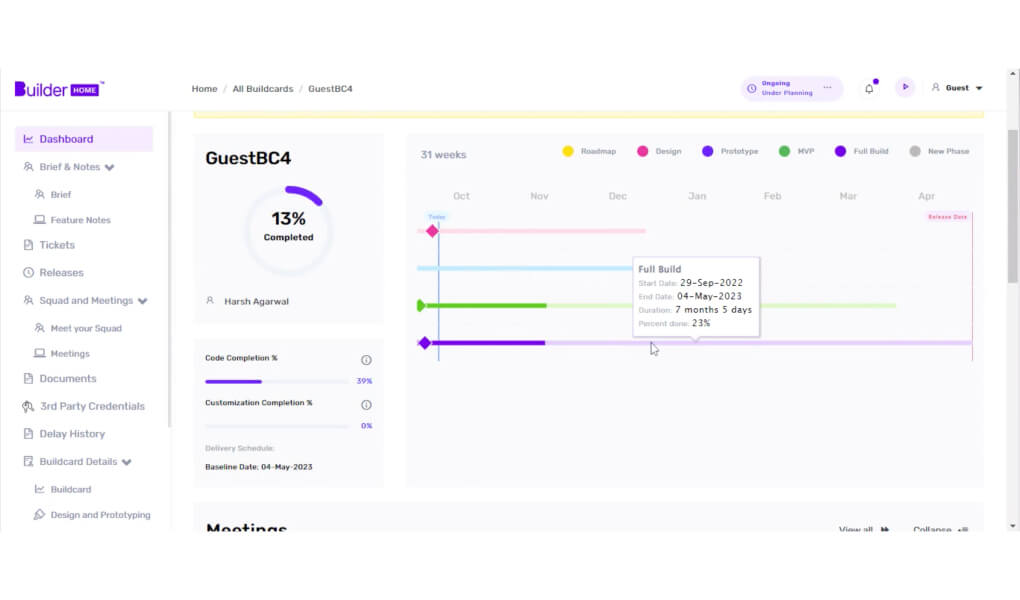 Builder Studio project progress dashboard screen