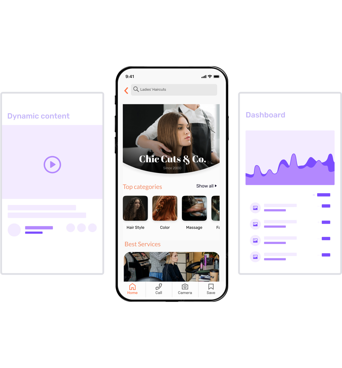 A concept of business apps builder highlighting a salon app with two low-fidelity wireframes