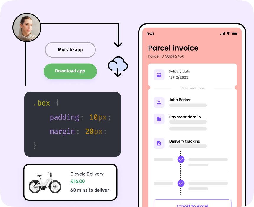 A concept of code ownership in business apps development highlighting a parcel tracking app screen with code snippet and a product screen showing a bicycle