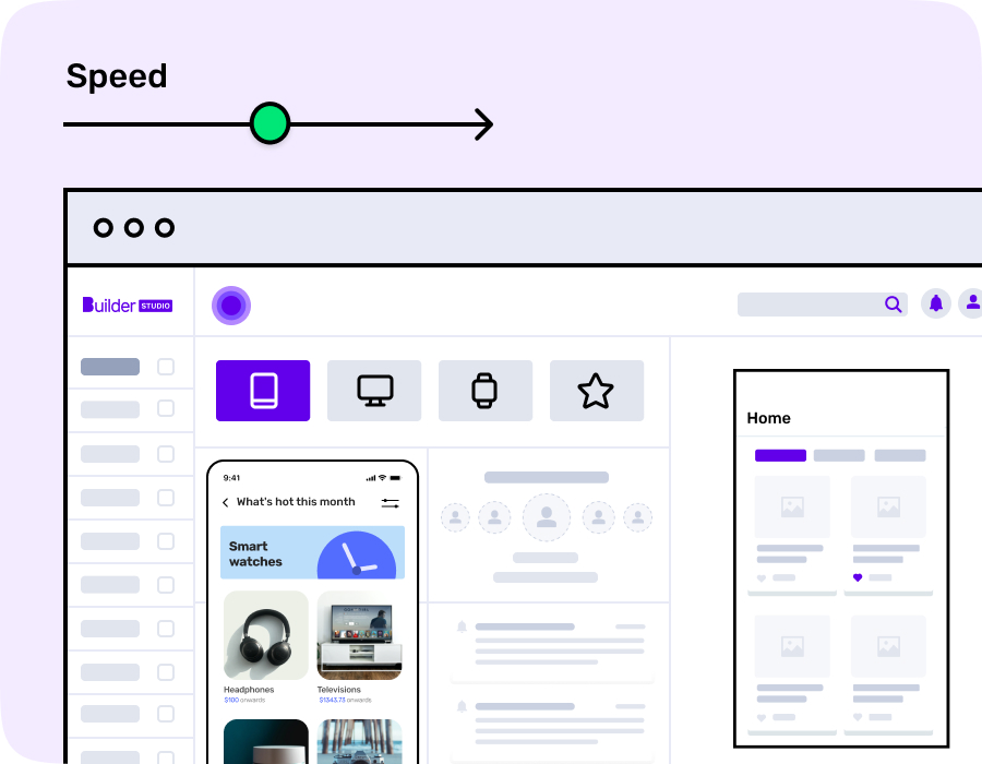 A concept of speed in business app development highlighting Builder Studio dashboard with ecommerce app screen