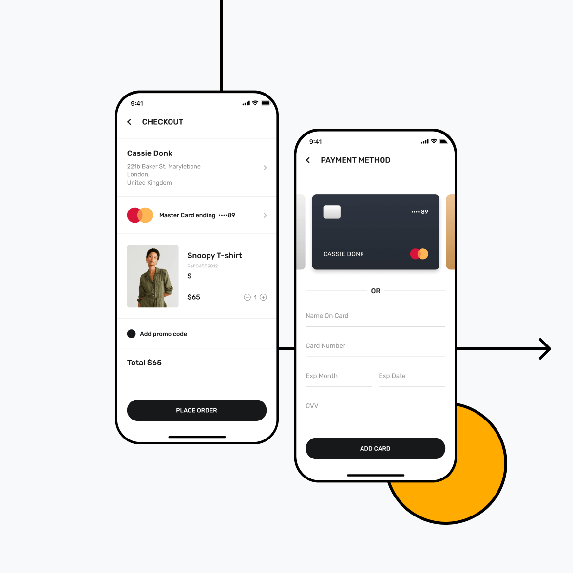 Retail app checkout screen with payment methods