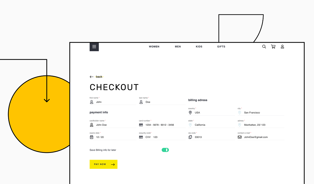 Checkout page screen for ecommerce website