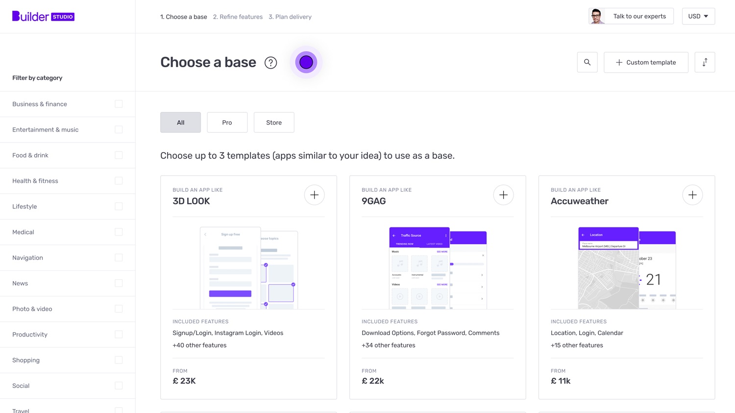 Builder Studio dashboard to select a base for building a mobile application. The screen grab depicts 3D Look, 9GAG and Accuweather as a base for an application.