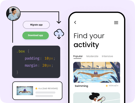 A concept of code ownership in fitness app development highlighting the fitness app screen with code snippets