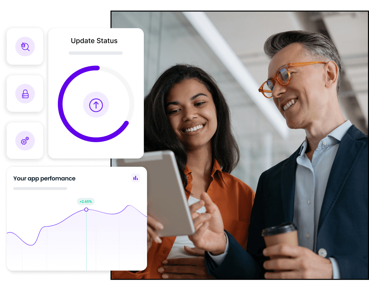 Colleagues discussing their app performance on iPad with app performance dashboards