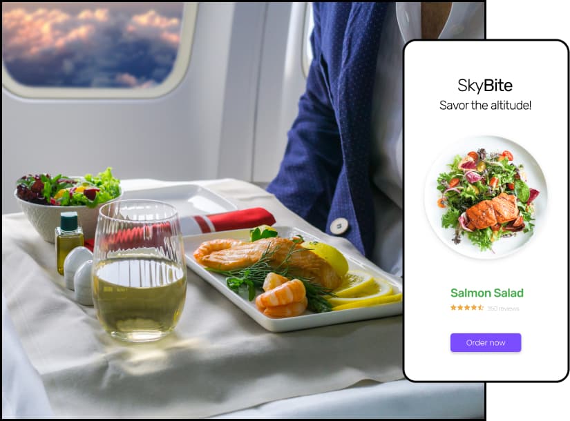 A concept of airborne retail and dining experience through a visual representation of an airline application screen, featuring a passenger in the backdrop.