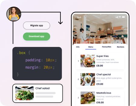 A concept of code ownership for a food delivery app having a food delivery app screen, code snippets and download icon