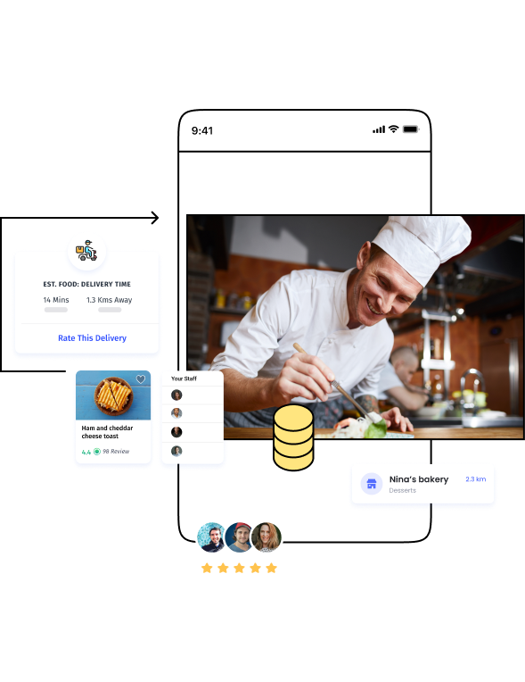 A concept of a food delivery app builder depicting a chef in a mobile phone frame, a delivery rating screen and customer reviews