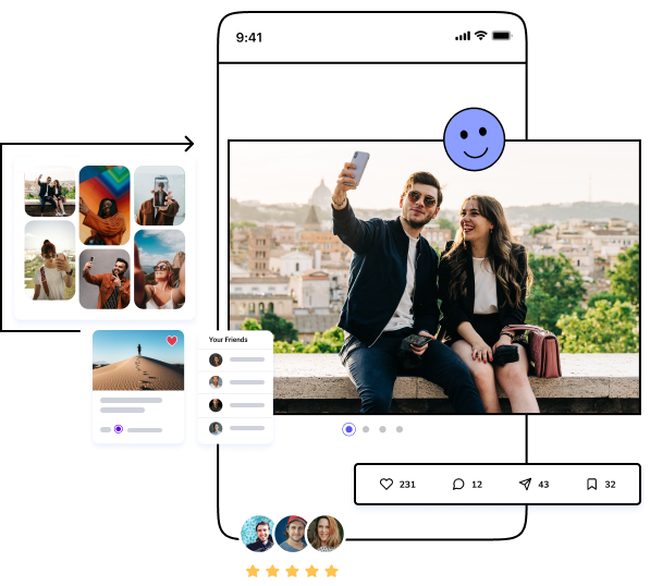A concept of a social media app builder depicting a mobile phone frame, user pics and social icons