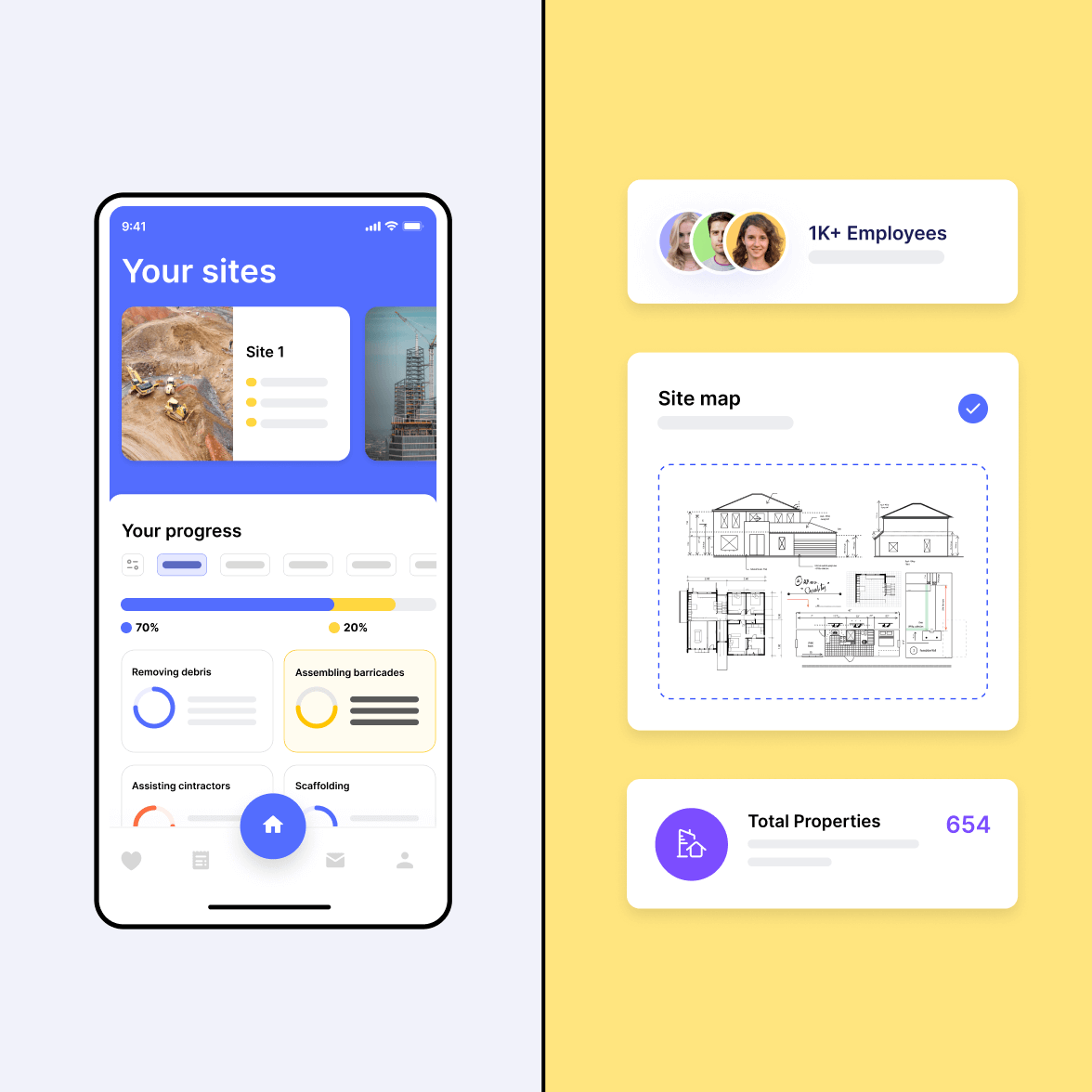 Construction management app screen with site layout