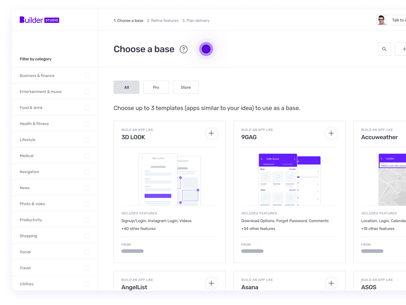 Builder Studio dashboard screen to choose a base