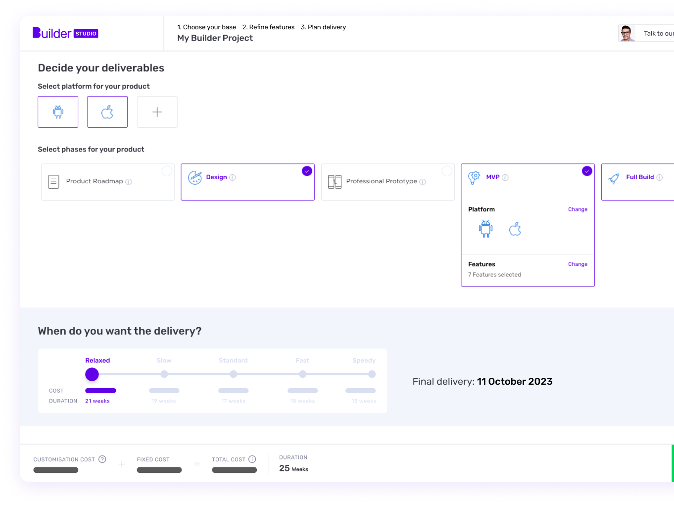 Builder Studio dashboard to decide on timelines