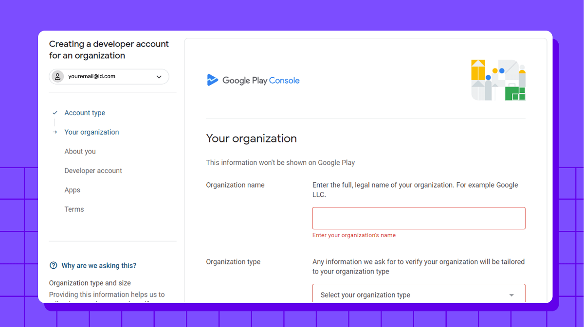 Google play console screen to create a developer account