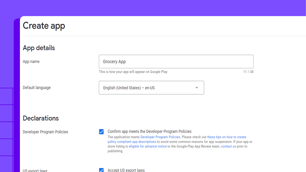 Google Play console screen to create an app
