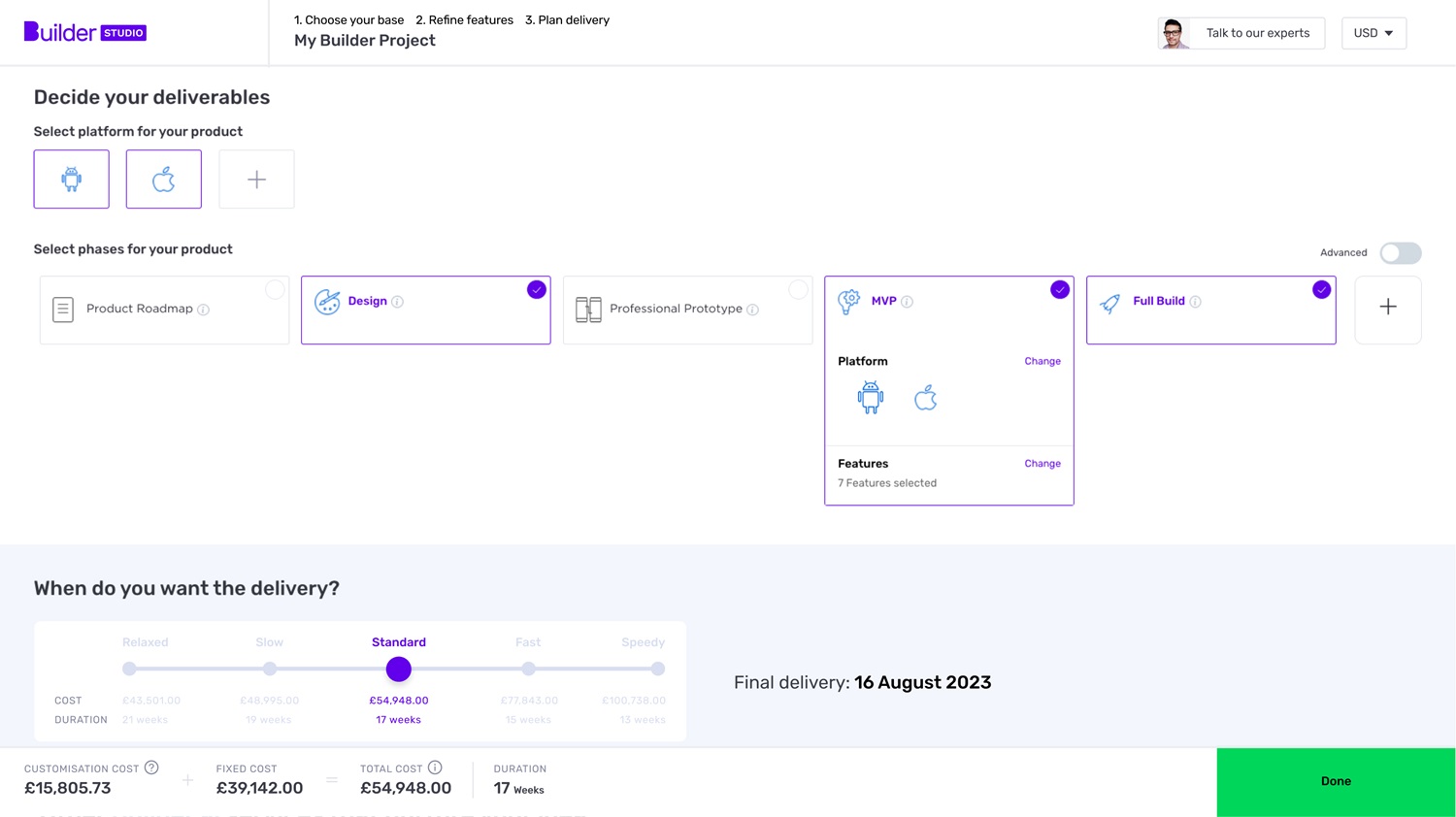 Builder Studio dashboard screen to decide app deliverables like app platforms and delivery time.