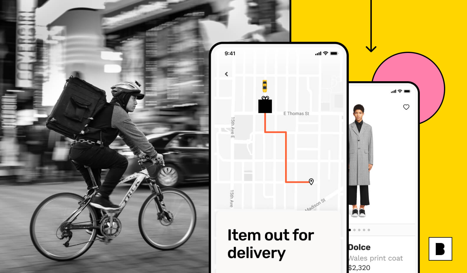 Ecommerce app with delivery man and app screens