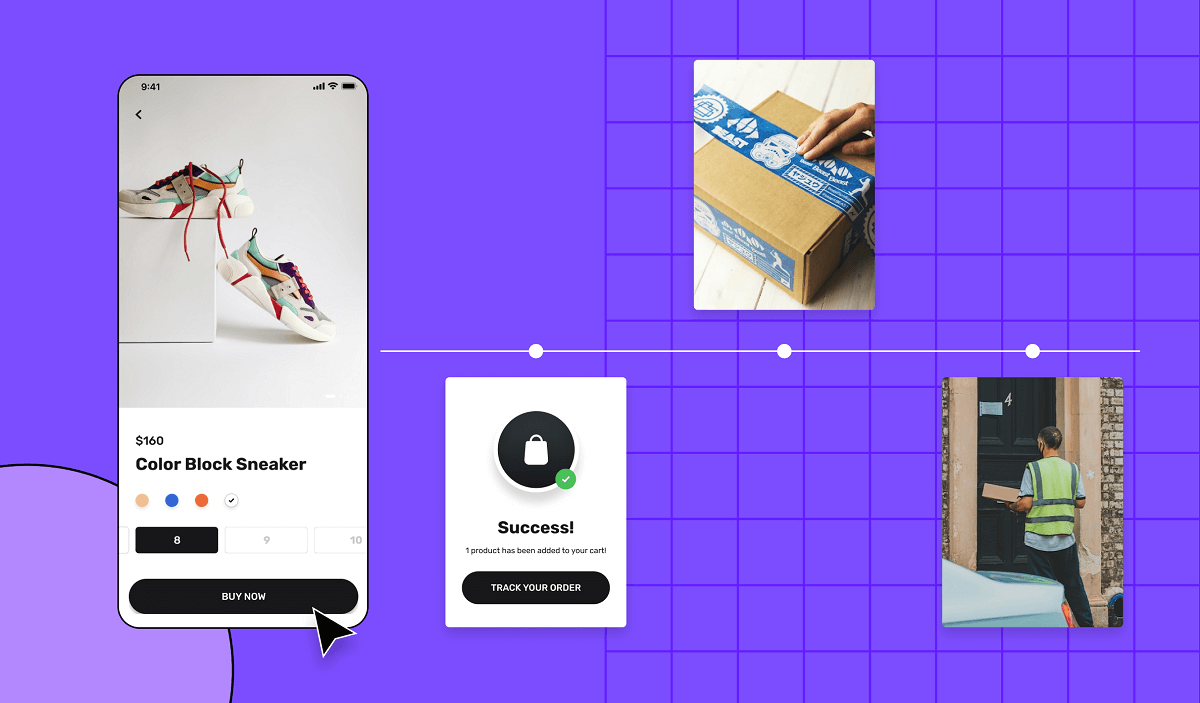 ecommerce automation illustration with an ecommerce app screen, success badge, packaged item and a delivery boy on the door