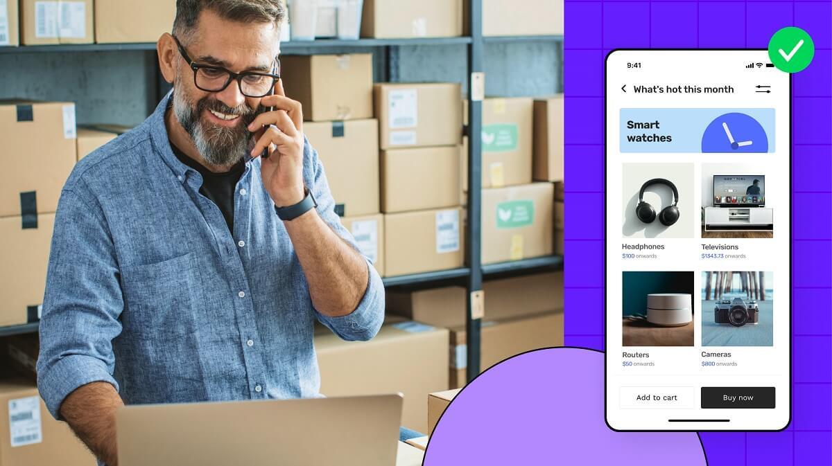 Ecommerce entrepreneur checking his sales dashboard having delivery boxes in background plus his ecommerce mobile app screen