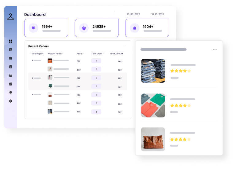 Online store backend dashboard screen with recent orders and product reviews 
