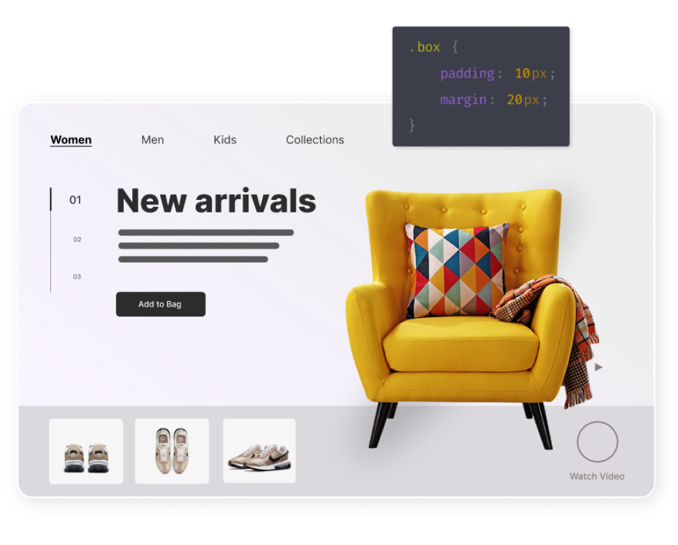 ecommerce store front for web having CSS code snippets