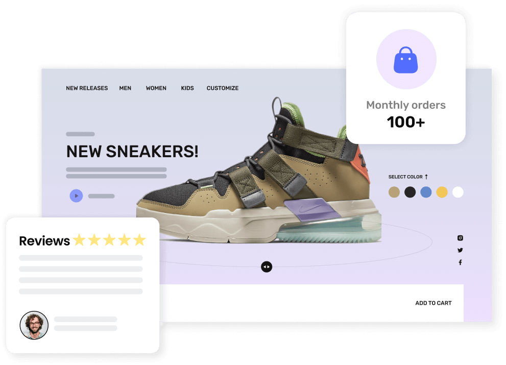 Ecommerce store front with customer reviews and monthly order summary