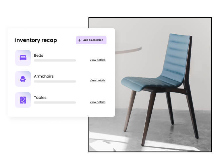 Ecommerce store inventory management dashboard with a chair in background as a store product