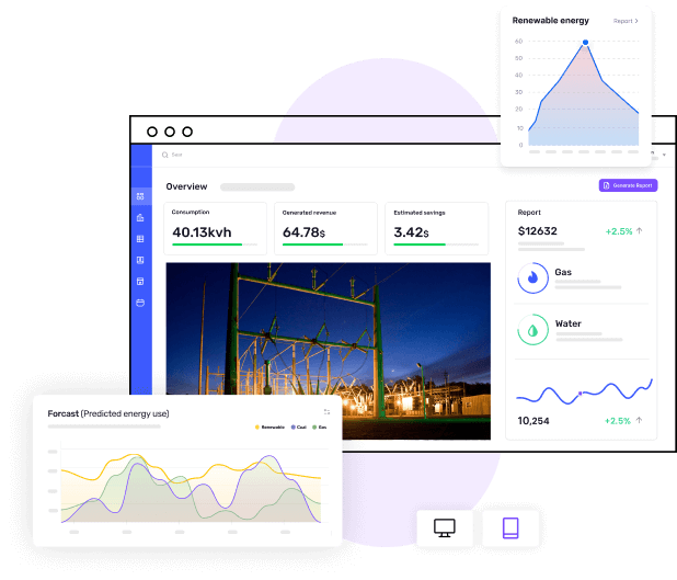 Energy consumption dashboard, forecast, and sales report showcased on the energy management software dashboard.