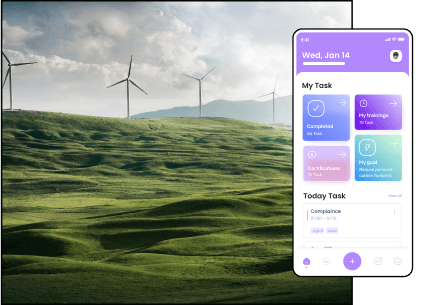 A concept of environmental, health, and safety management systems highlighting an app screen with wind turbines in the background