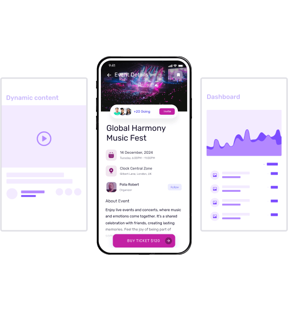 A concept of event app builder highlighting an event app screen with wireframes