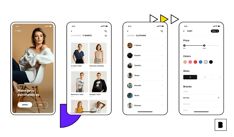 Fashion store app screen shots having cart, categories and product description