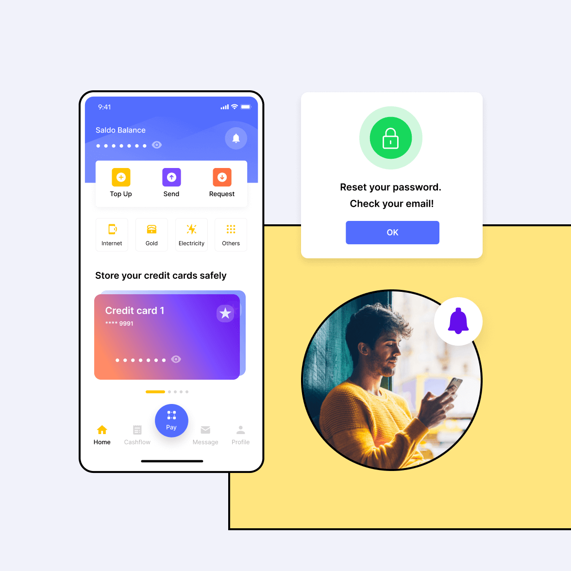 Fintech app screen with a mobile phone user
