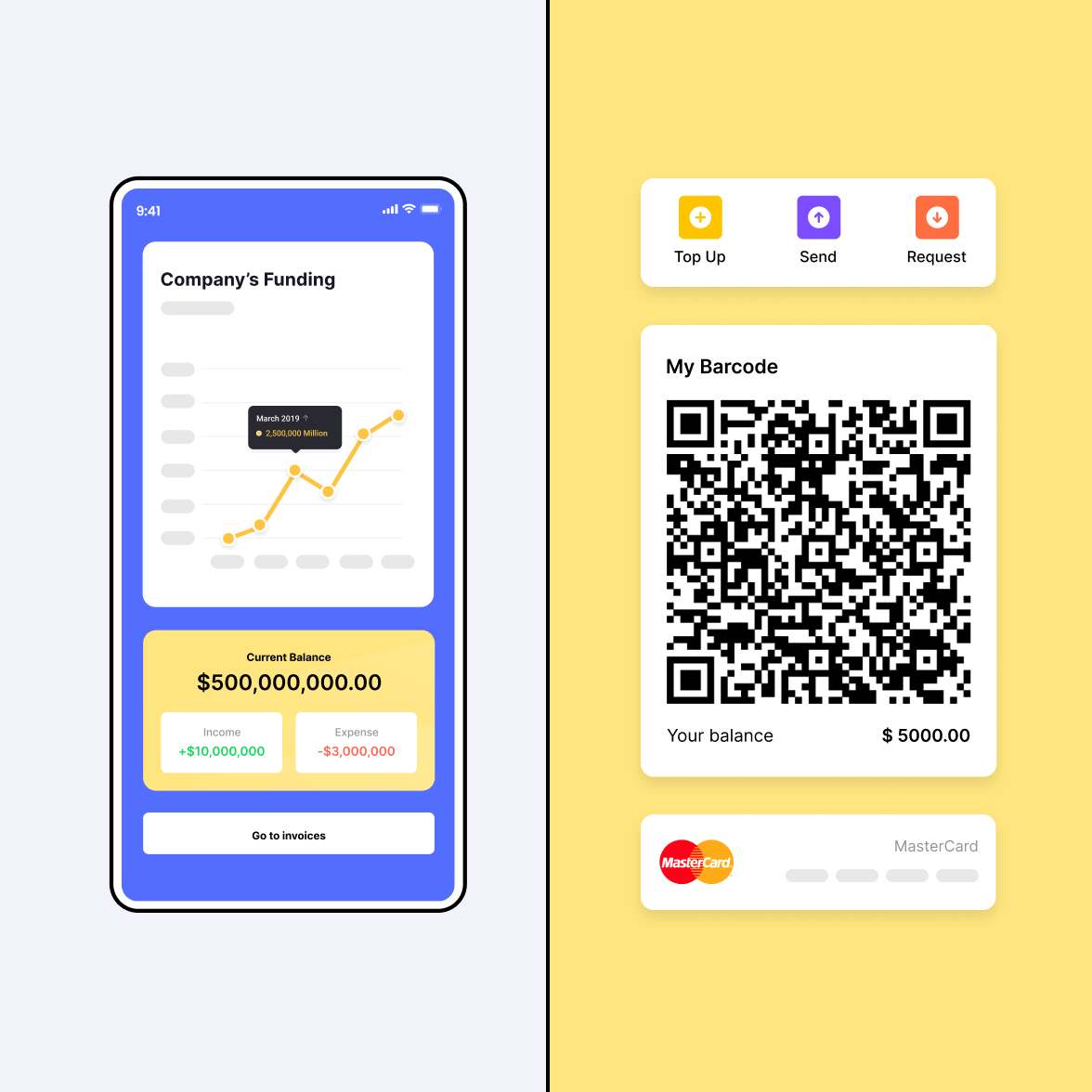 Fintech mobile app screen with a QR code