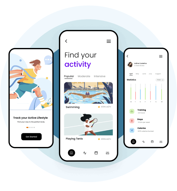 A concept of fitness app builder highlighting fitness app screens