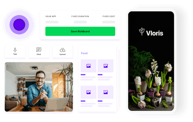 A concept of florist app development, featuring the splash screen, design elements, and an image of an individual using a laptop.