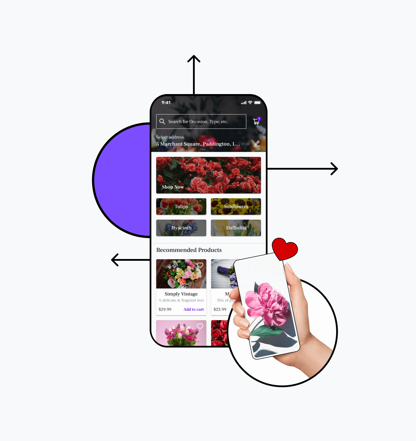 Florist app with product listing and product details