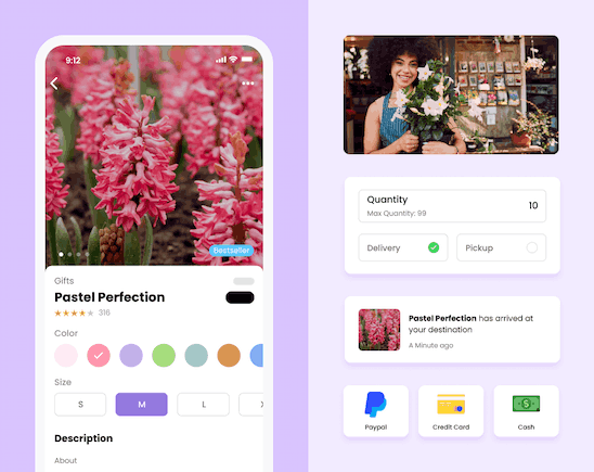 Flower delivery app screen with ordering options and pictures of flowers