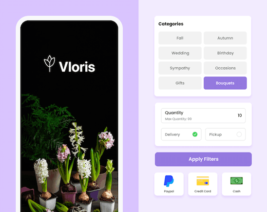 Flower shop app showing splash screen and ordering options and payment