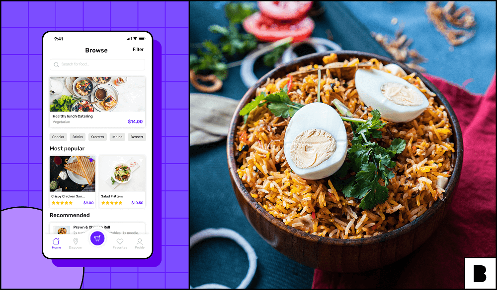 Food delivery app screen with a rice bowl