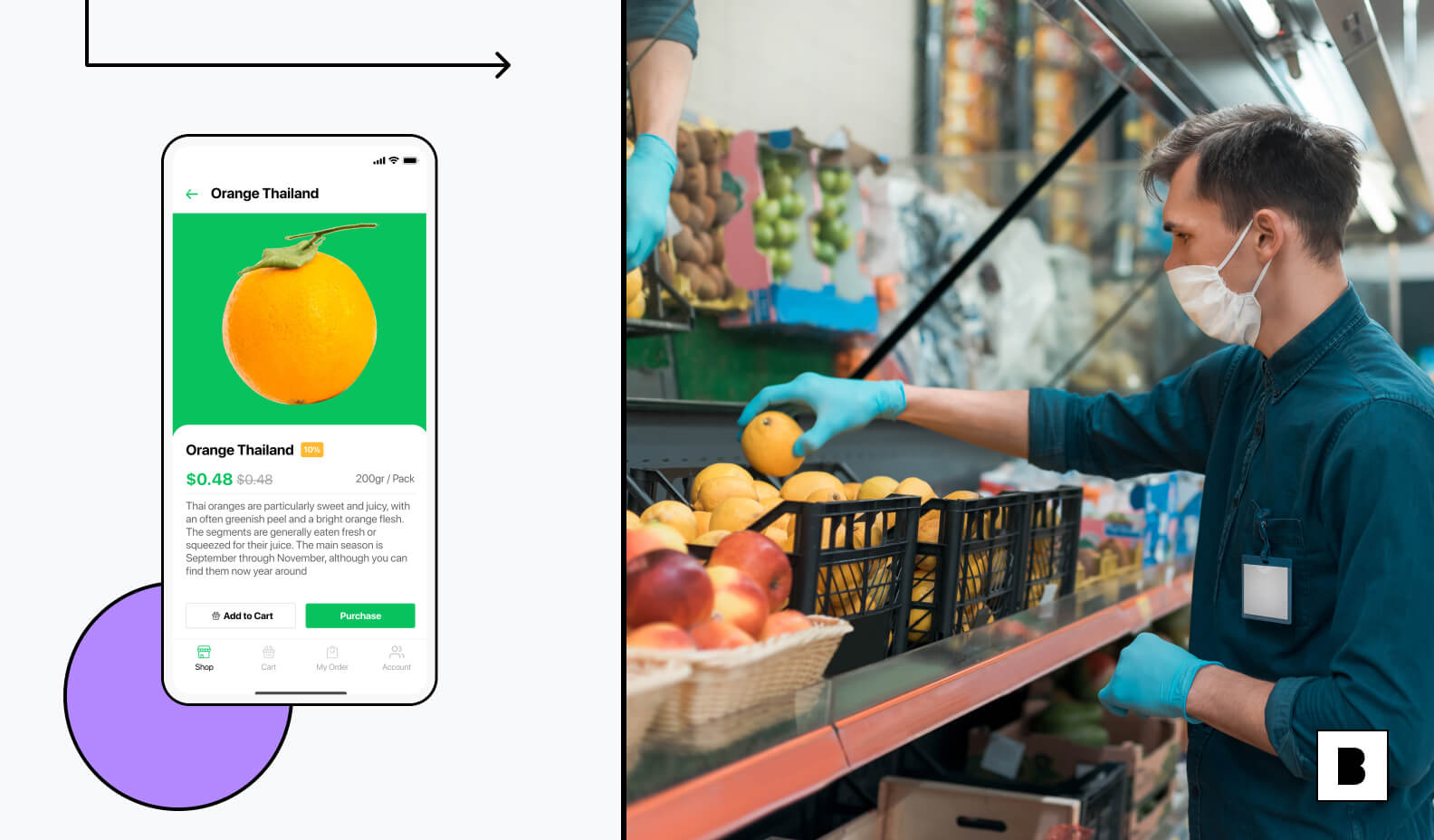 Grocery app screen with shopper in store