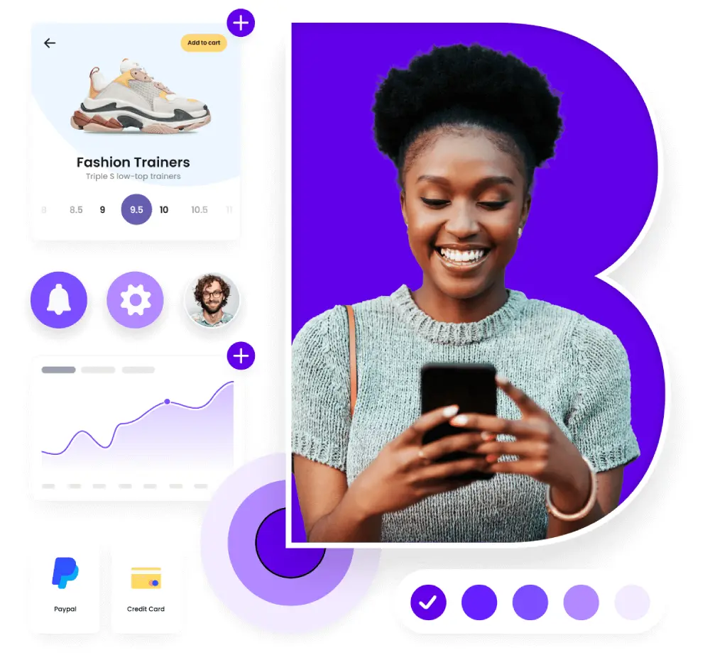 A woman looking at her mobile phone having design icons and a shoe as ecommerce product for sale