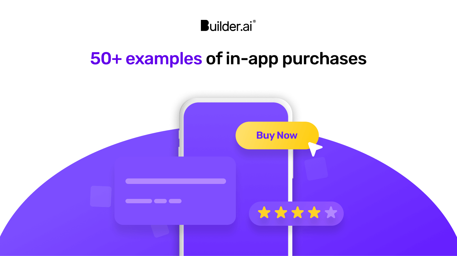 An illustration of in-app purchases highlighting a mobile frame, rating, buy button and a card