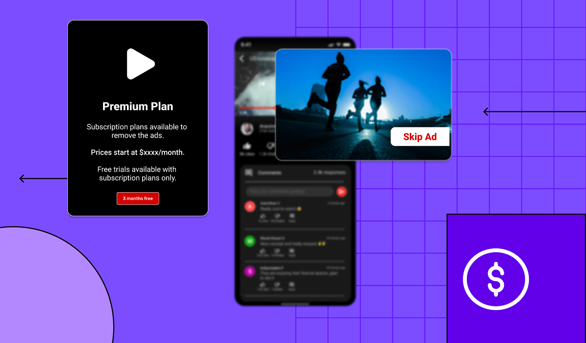 In app advertising (IAA) model illustration having a media app screen with ads and subscription plan