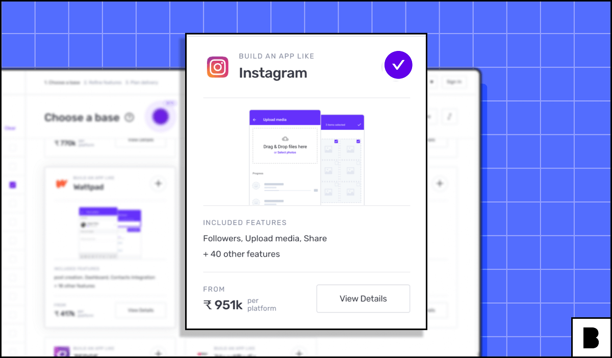 Selecting Instagram as a template for creating an app like Instgram
