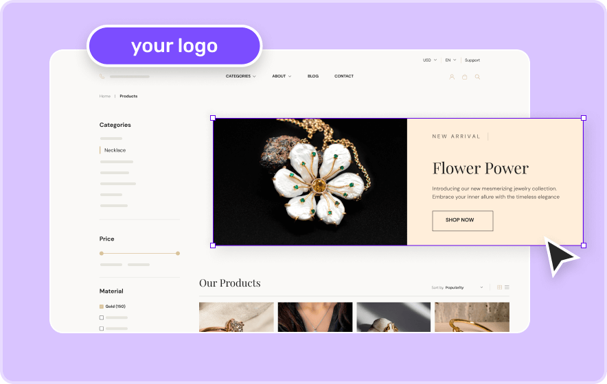 Jewellery ecommerce store web page for desktop screen