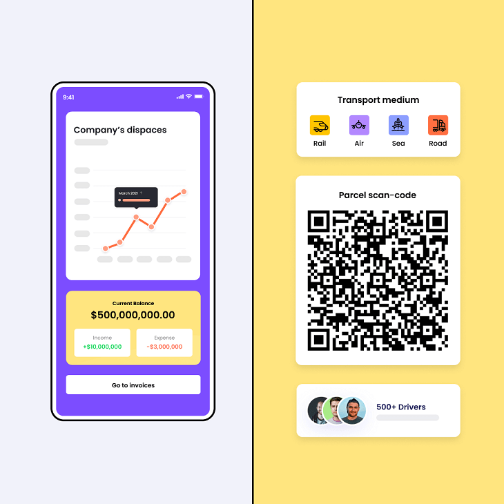 Logistics mobile app screen with QR code and logistics icons