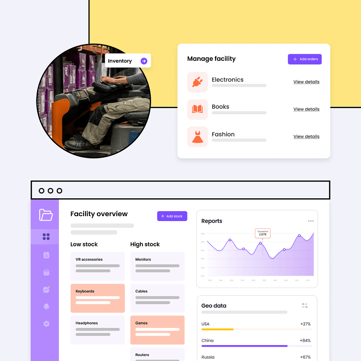Logistics system dashboard with an employee working in warehouse