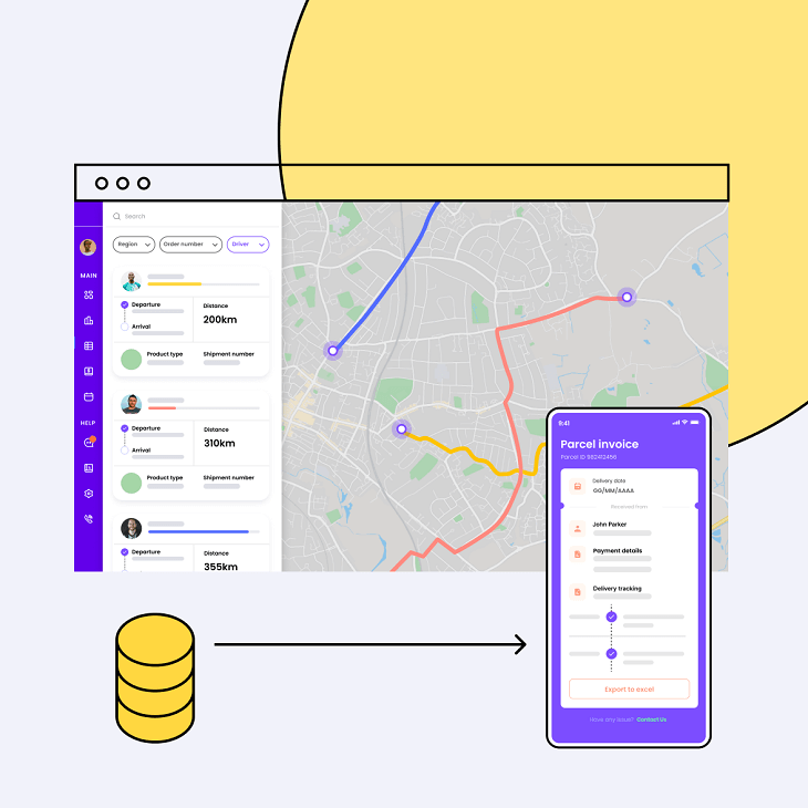 Logistics management software system dashboard with a map