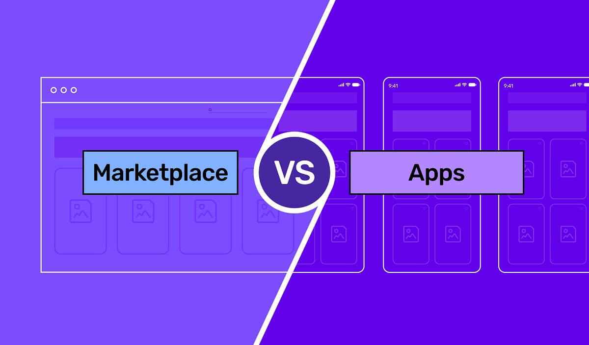 Marketplace VS apps: an illustration with desktop and mobile screens