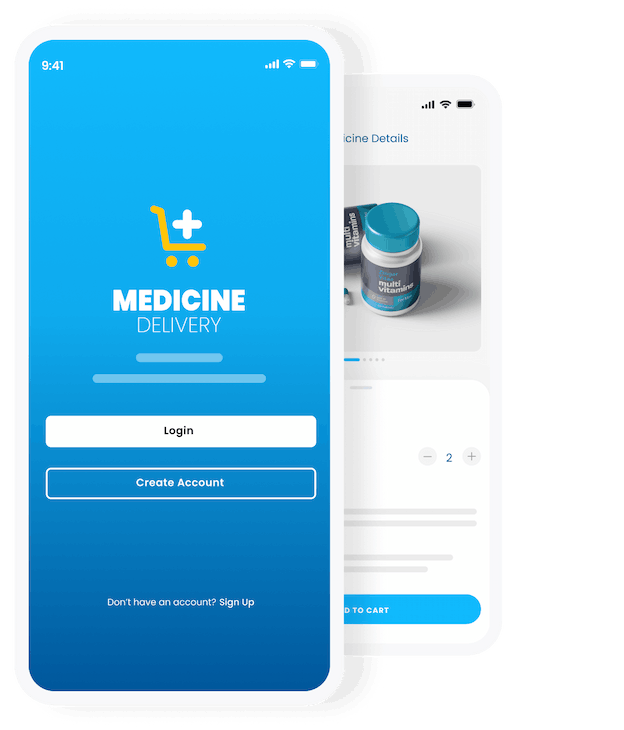 Medicine delivery app screen, features a user profile screen neatly stacked on top of others.