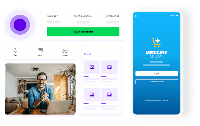 A concept of online learning app development, featuring the splash screen, design elements, and an image of an individual using a laptop.